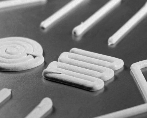 3D-gedruckte Struktur des THERM-A-GAP™ GEL 75VT – reworkbares, dispensierbares Silikon-Wärmeleitgel für vibrationsstabile Anwendungen